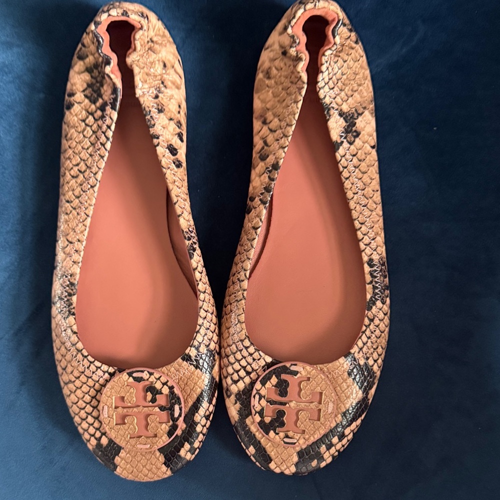 Tory Burch Snake Print Flats - Tan and Black